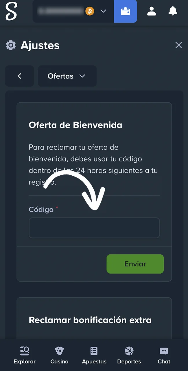 Ingresá tu código en sitio Stake.