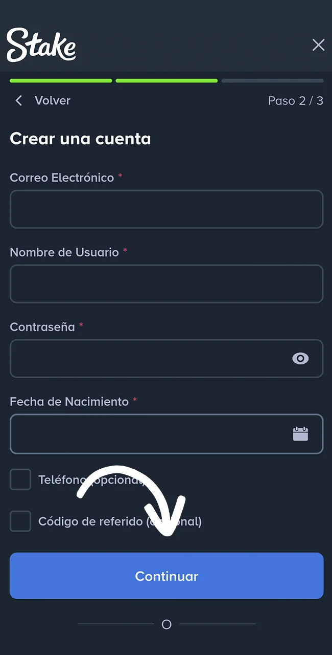 Creá tu cuenta en sitio Stake.