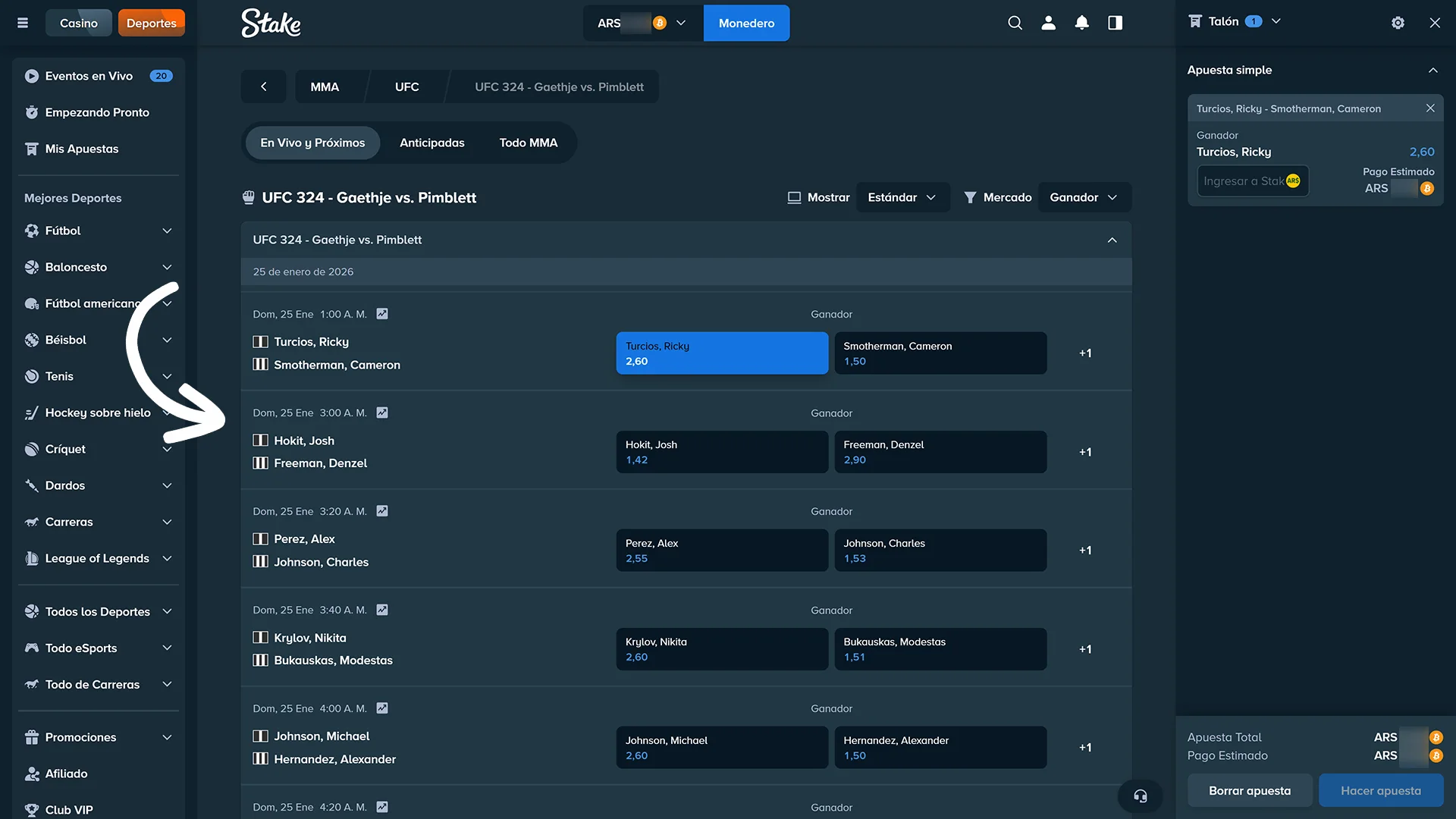 Seleccioná los mejores mercados de lucha en el sitio Stake Argentina.