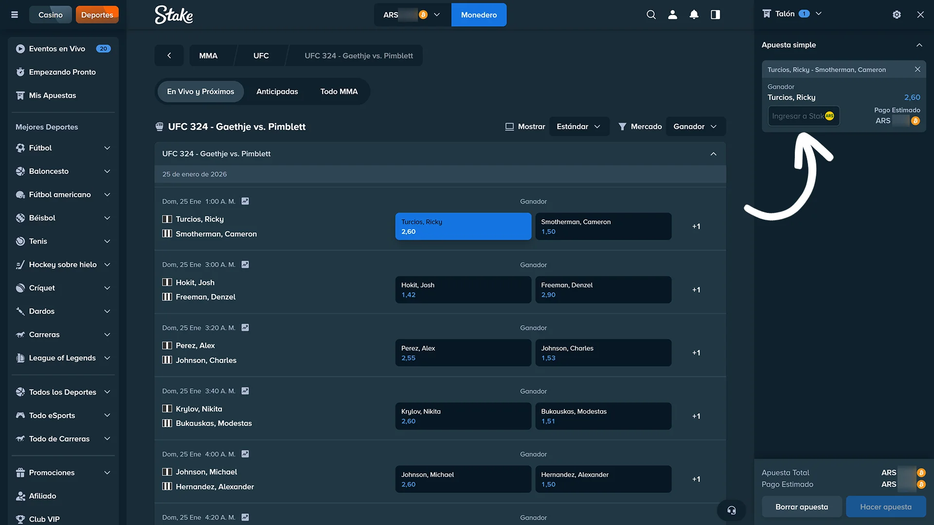 Armá tu cupón de apuestas para MMA en el sitio oficial Stake.