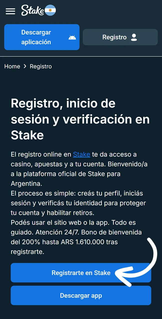 Iniciá la aplicación del sitio Stake.