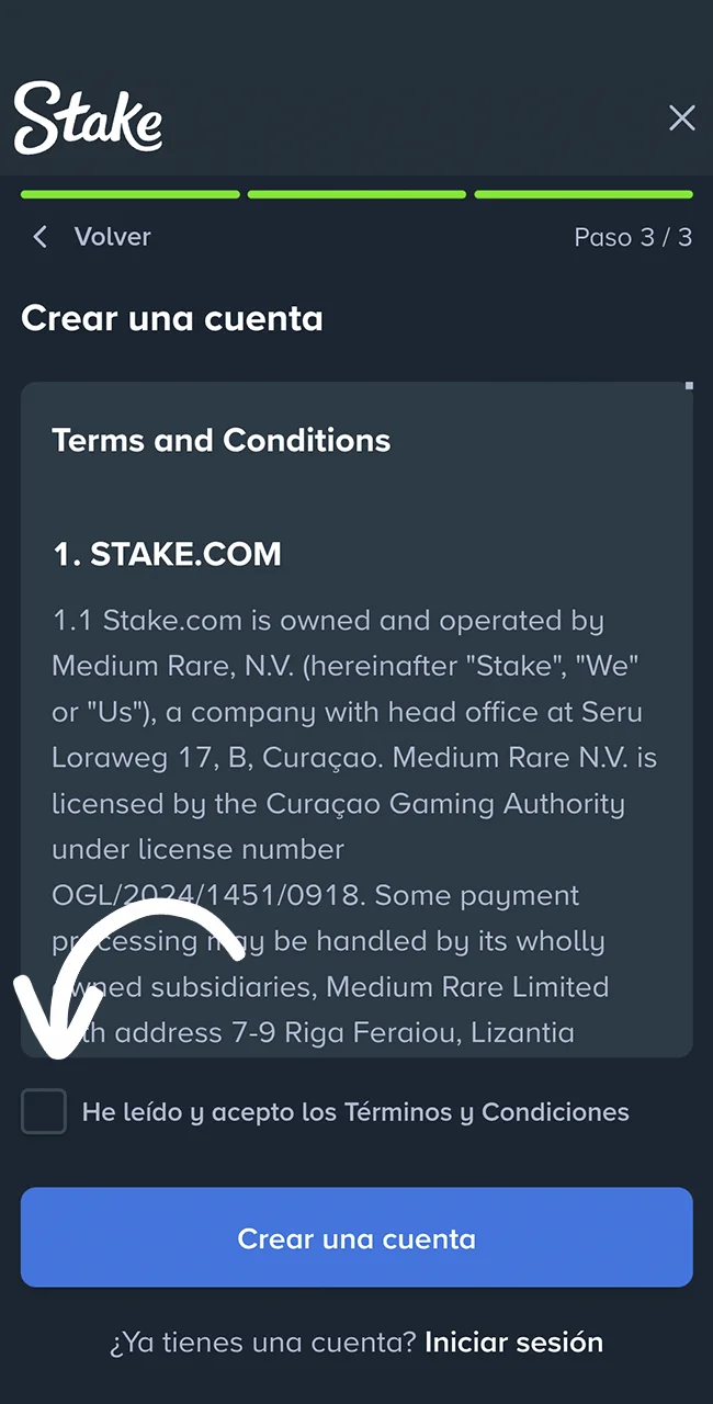 Completá el registro en sitio Stake.
