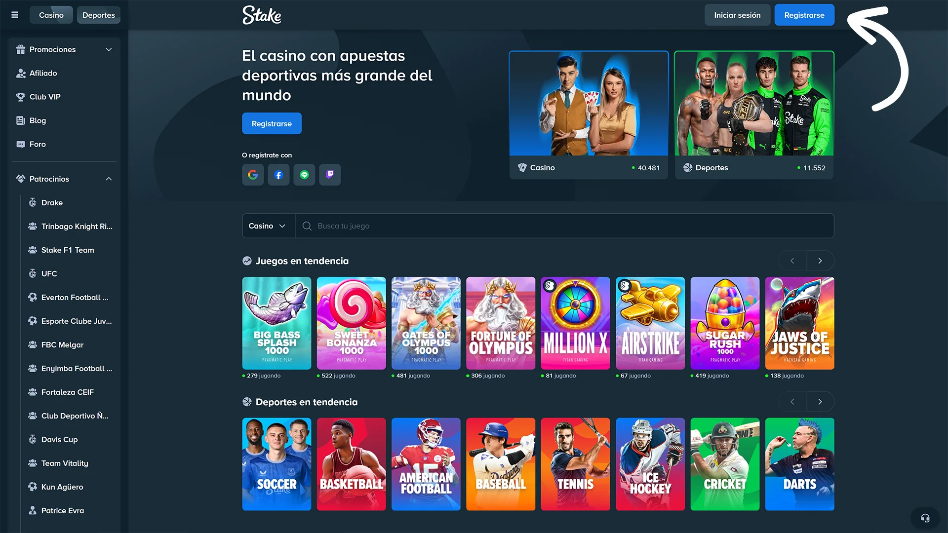 Botón de registro en sitio Stake.