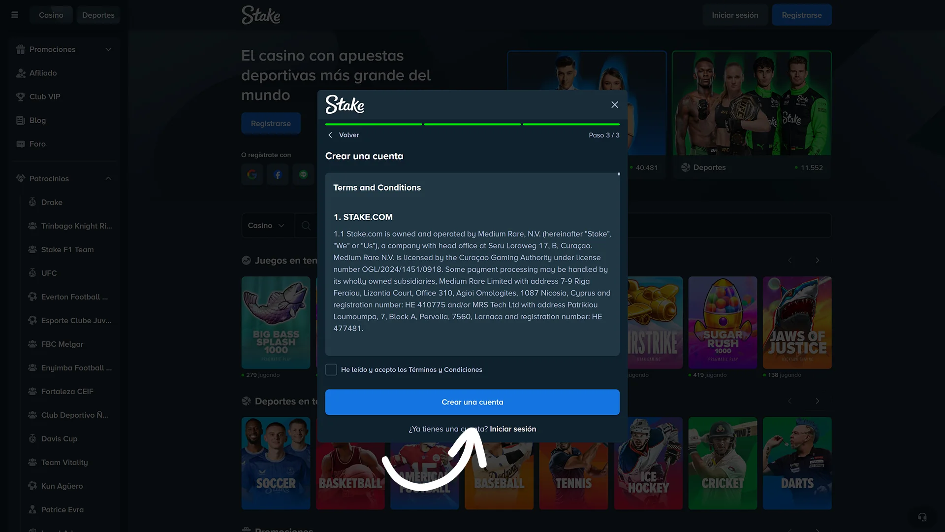 Validación de cuenta en sitio Stake Argentina.