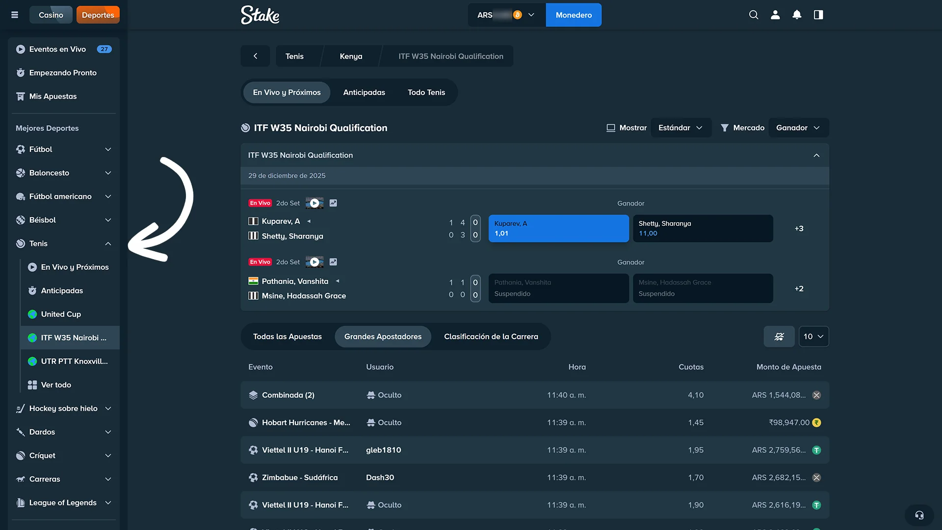 Seleccioná tus torneos de tenis favoritos dentro del sitio oficial Stake.