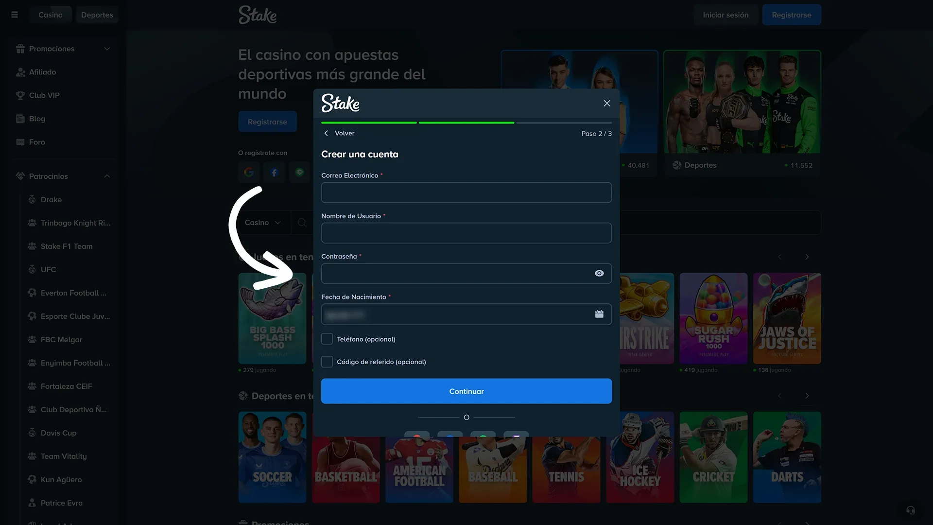 Creá tu cuenta ahora y validá tus datos en el sitio Stake.