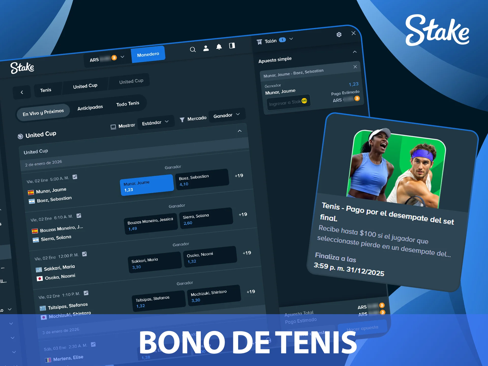 Reclamá tu bono para apostar al tenis en el sitio Stake Argentina.