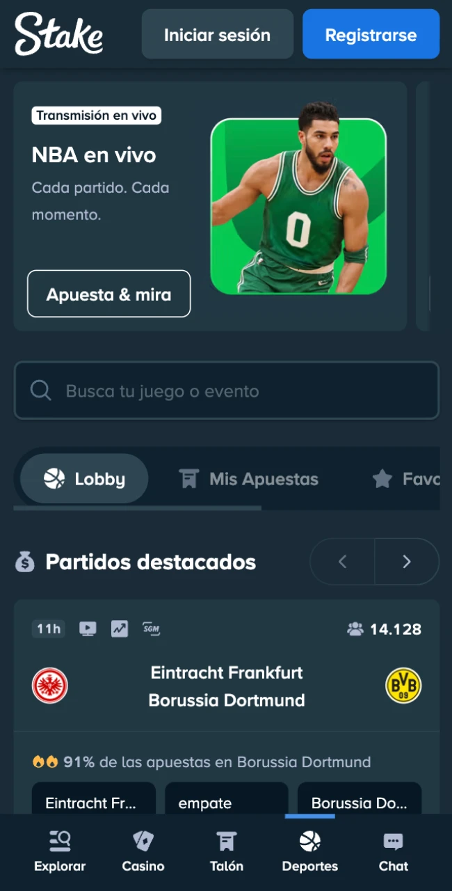 Accede a la interfaz de deportes de la App Stake para realizar tus pronósticos.