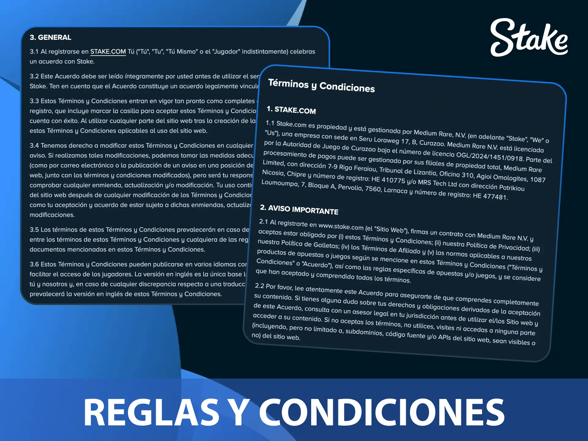 Lee las reglas y condiciones oficiales para apostar de manera responsable en Stake.