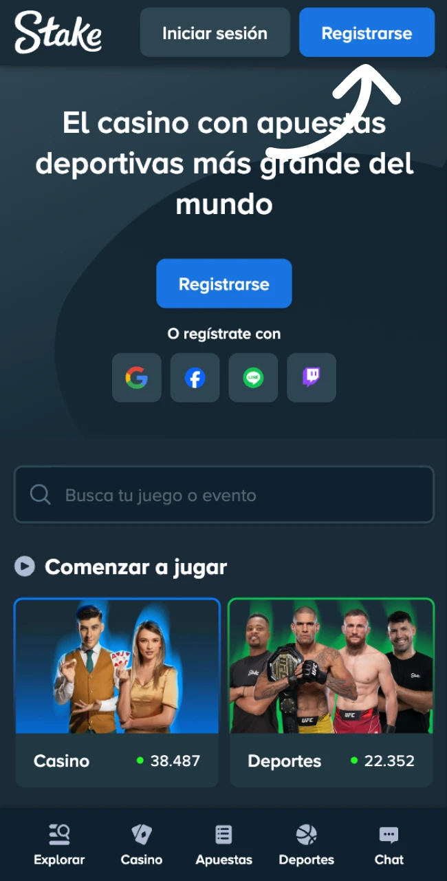 Haz clic en el botón de registro para empezar a jugar en la plataforma Stake.