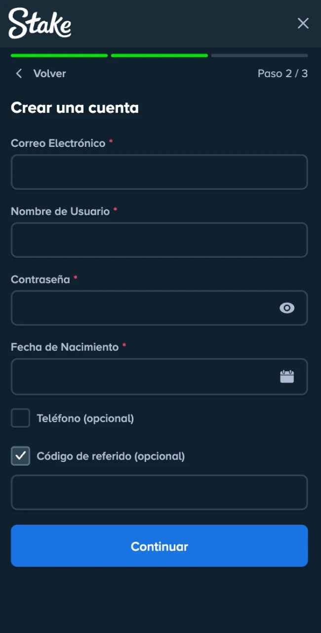 Completa el formulario con tus datos para empezar a jugar rápidamente en Stake.