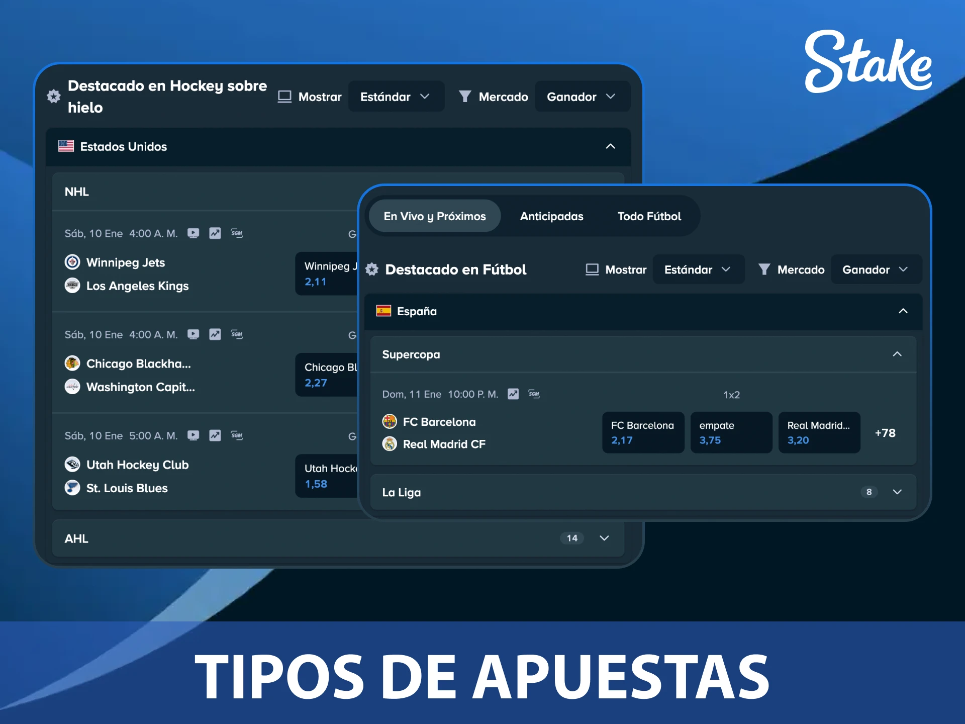 Elige entre los diferentes tipos de apuestas deportivas que Stake ofrece a sus usuarios.