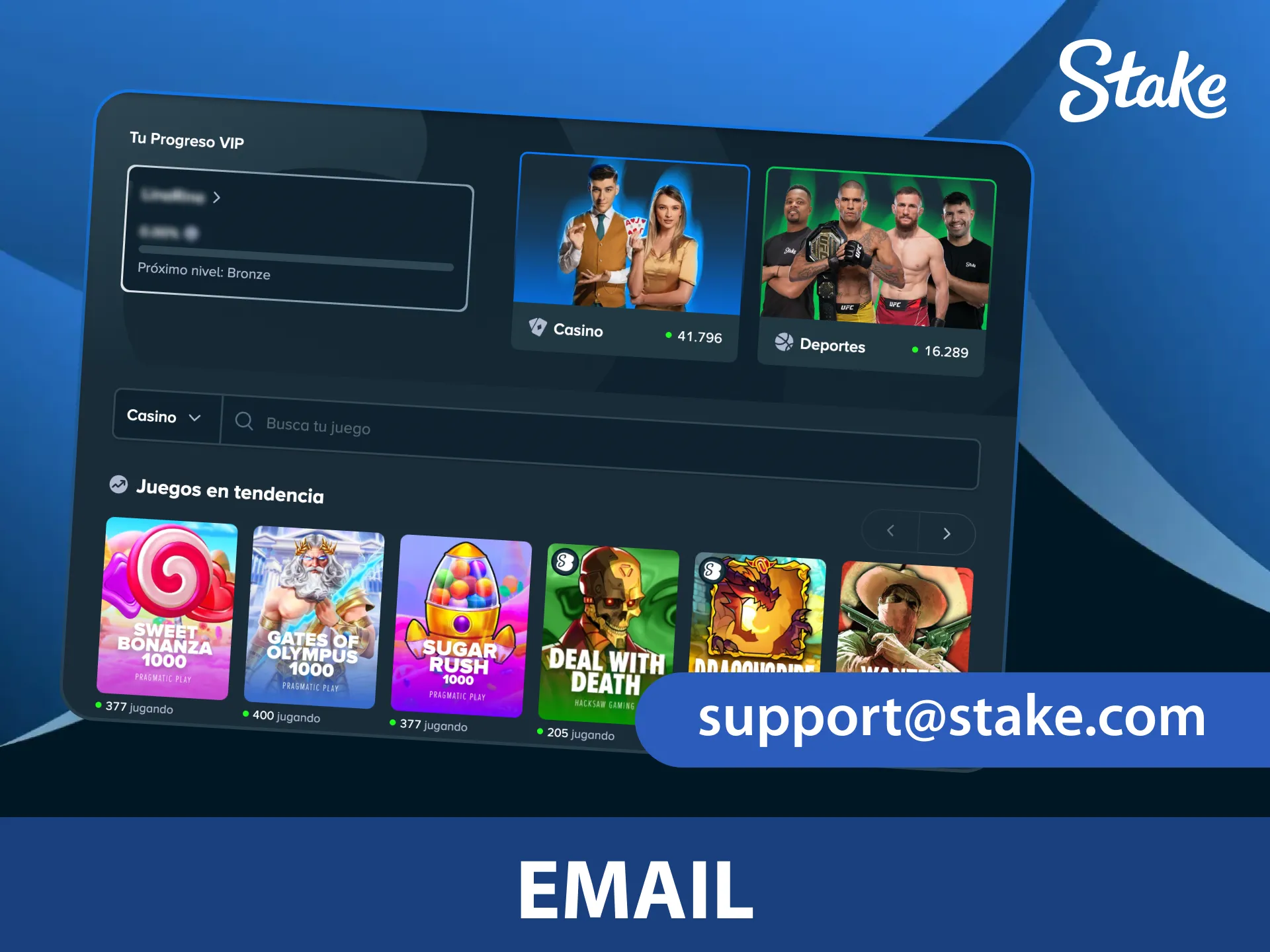 Banner de Soporte por Email con dirección support@stake.com, respuesta 12–24 h, temas KYC, pagos, cuenta Idiomas ES/EN.